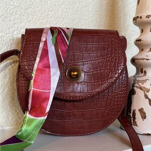 🍂Sweet Level Chic Croc-Embossed Crossbody Bag Rich Brown, Purse Scarf Included🍂